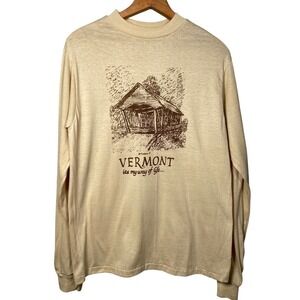 The Knits Vermont Graphic T-Shirt Mens S Cotton Blend Tan Vintage 70s USA Made